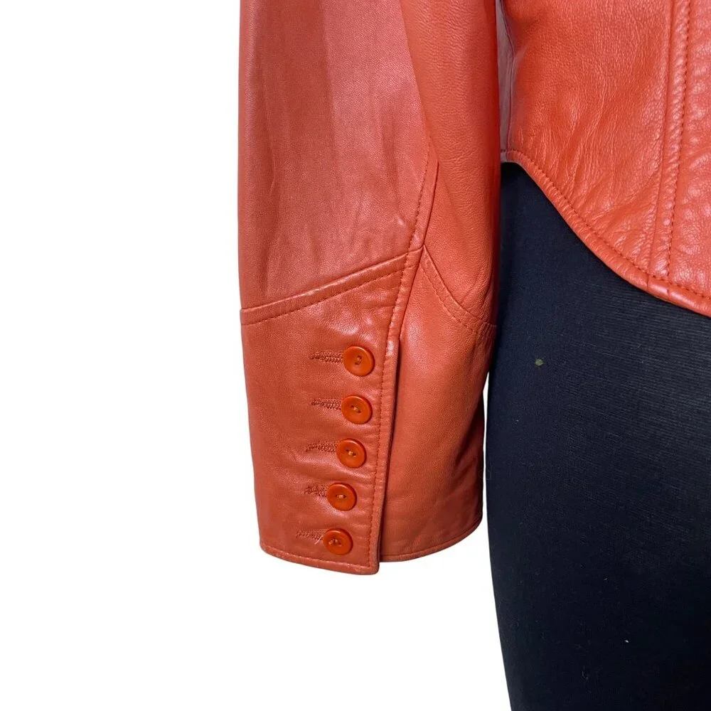 Cache Women's Orange Faux Leather Button-Front Jacket Stylish Fit - Picture 6 of 11